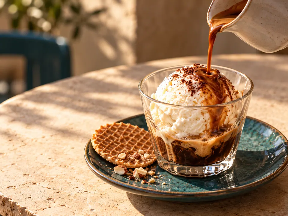 Café servido sobre helado artesano de crema de almendra